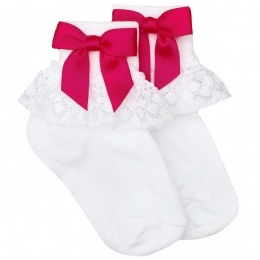 Girls White Lace Socks with Fuchsia Pink Satin Bows